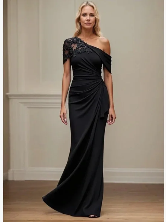 One Shoulder Mother of the Bride Formal Mermaid Dress Black Satin Wedding Guest - Picture 1 of 11